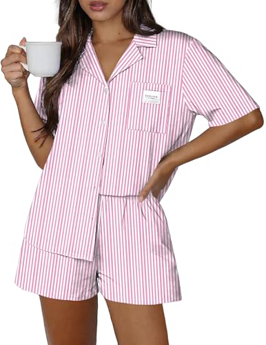 Ekouaer Women's 2 Piece Shirt and Shorts Lounge Set Pink