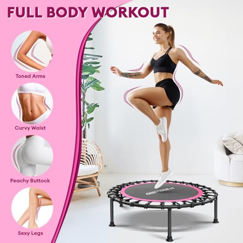 ONETWOFIT 42"/45" Rebounder Trampoline for Adults, Silent Mini Trampoline Indoor Exercise Fitness Trampoline Bungee Rebounder Workout Max Load 330lbs (42IN-Pink)