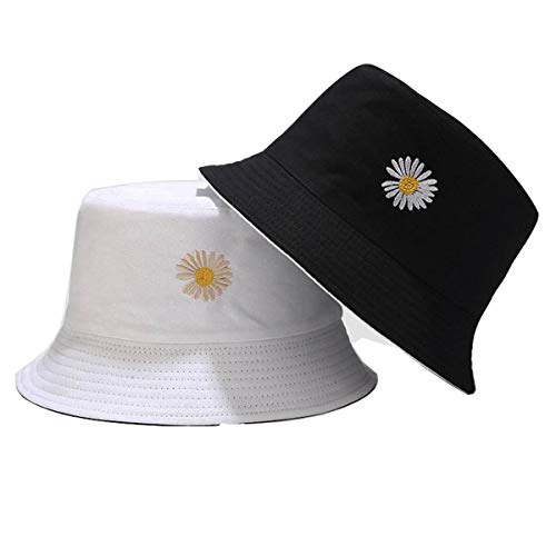 Daisy-Bucket-Hats Reversible Fisherman-Cap Packable Summer Sun Protection Hat (Black/White 1Pc) #TOP17