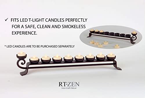 Rtzen Judaica - Large Decorative Tea Light Wrought Iron Hannukah Menorah, 9 Tlight Branches, Handmade Israel Décor, For All 8 Nights Of Chanukah, Black Forged Rot Metal, Hanukah Tealight Candle Holder #TOP4
