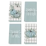 Artoid Mode Blue Eucalyptus Leaves Hello Pumpkin Fall Kitchen Towels Dish Towels, 18x26 Inch Farmhouse Give Thanks Decoration Hand Towels Set of 4