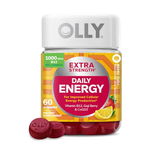 OLLY Extra Strength Daily Energy Gummy Caffeine Free Cellular Energy Production * 1000 mcg Vitamin B12 CoQ10 Goji Berry Adult Chewable Supplement Berry Yuzu Flavored 30 Day Supply - 60 Count