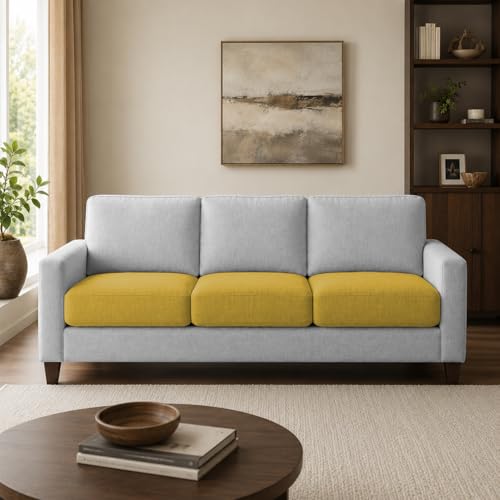 Image of Casaliving Gladino Modern Velvet Fabric Sofa, Tufted Design Upholstered 3 Seater Sofa Set for Living Room, Premium Velvet Fabric Sofa (Yellow Grey)