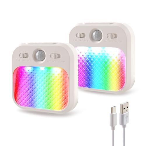 Image of DAMI Led Night Light with Motion Detector 2 Pack, Cabinet Light Dimmable with Timer Function, Staircase Lighting RGBW, Hallway Light Rechargeable 600mAh for Children's Room