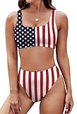 Pink Queen Women's Crop High Waisted Cheeky USA American Flag 2Pcs Bikini Set L