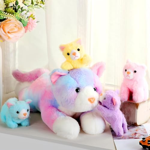 Image of Skylety 5 Pieces Cat Stuffed Animal with Babies Inside Belly Plush Cat Pregnant Mommy Kitty with 4 Cute Fluffy Stuffed Kittens Christmas Birthday Surprise Gifts(Colorful)