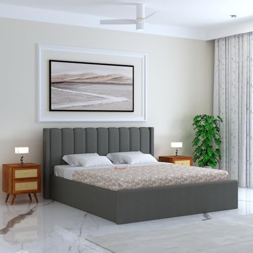 Image of Ganpati Arts Sheesham Wood Emperor Upholstered King Size Bed with Box Storage | Durable Wooden Double Bed Cot Palang with Tufted Headboard for Bedroom, Living Room, Hotel and Home Furniture (Grey)