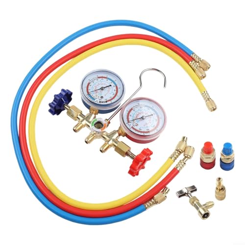 Comgooldool Kit de jauge de collecteur AC pour R410A R32 R404A R134a, testeur de pression en cuivre avec tuyaux à code couleur, outil de diagnostic à double port pour climatisation commerciale et