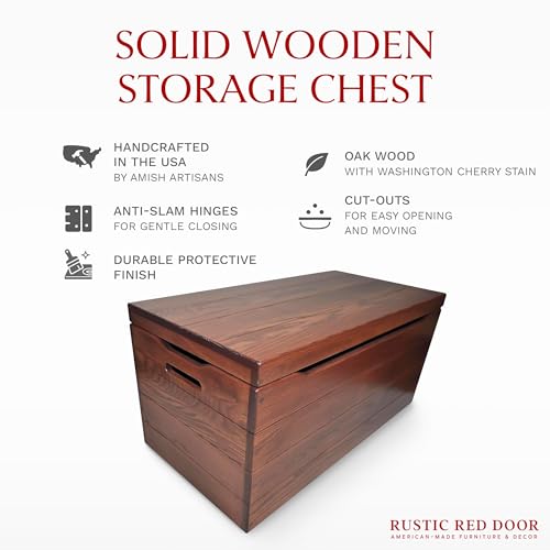 Image of Amish Made Wooden Storage Chest Trunk Box with Lid and Handles for Bedroom, Blanket, Clothes, Anti-Slam Hinges, Handmade, Rustic, Oak Wood, Cherry Stain, 36 inch