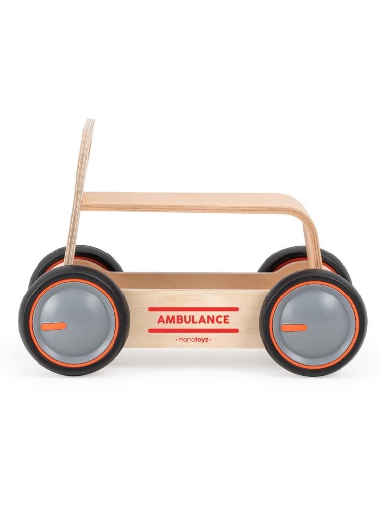 DriveMe Wood 3'ü 1 Arada Ahşap İlk Adım Arabası Yürüme Arkadaşı, Bingit, Oyuncak Kutusu - Ambulans, doğal ahşap, 4 tekerlekli