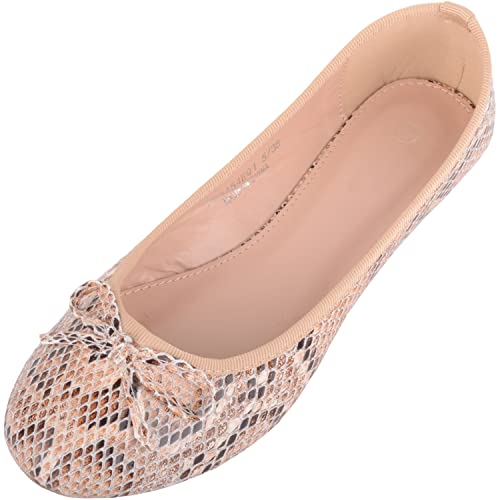 ABSOLUTE FOOTWEAR Womens Easy Slip On Snake Pattern Casual Ballerina Style Dolly Pump Shoes - Tan - UK 5 / EU 38