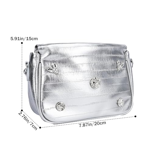 Image of Womens Y2k Sparkly Silver Handbag with Bead Chain, Metallic Clutch Satchel Leather Shoulder Bag Purse for Wedding Party Prom