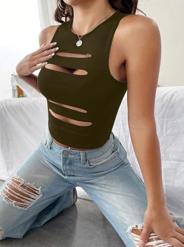 Image of LovelyWholesale Women Sexy Cut Out Crop Tank Tops Crew Neck Summer Sleeveless Top