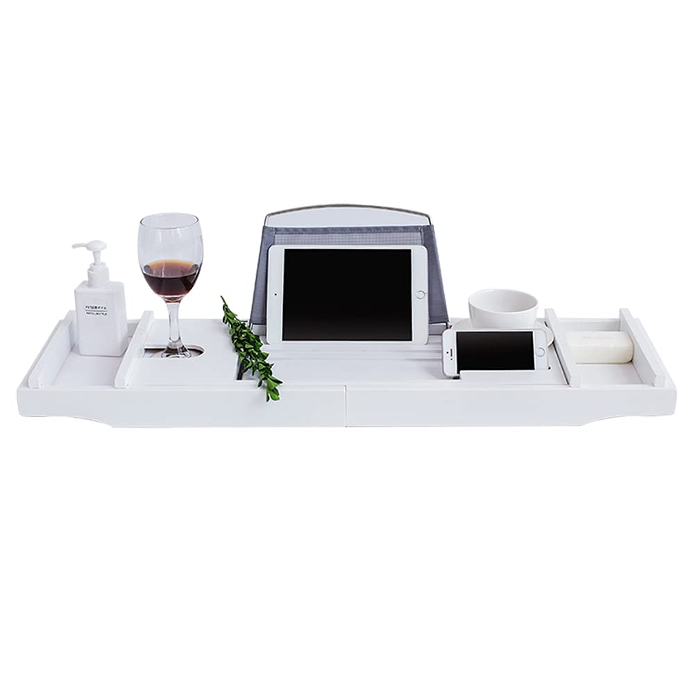 Vasca da bagno estensibile in bambù, vassoio antiscivolo per vasca da bagno per spa, per vino, tablet, lettura, vasca da bagno (bianco)