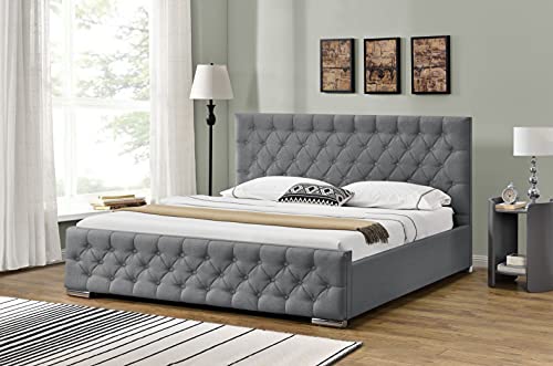 Athens Buttoned Gas Lift Ottoman Storage Bed Frame Chrome Feet Single, Double & King Silver, Oyster, Light and Dark Grey, Black Mink Fabrics Crushed Velvet Chenille or Linen (Linen Dark Grey, Double)