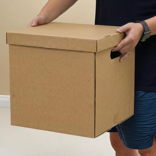 Image of Schliersee Moving Boxes Set of 7, 13.4x13x13 Brown Square Corrugated Record Boxes Reinforced Handles with Removable Lid for Storage, Packaging, Moving, Carrying