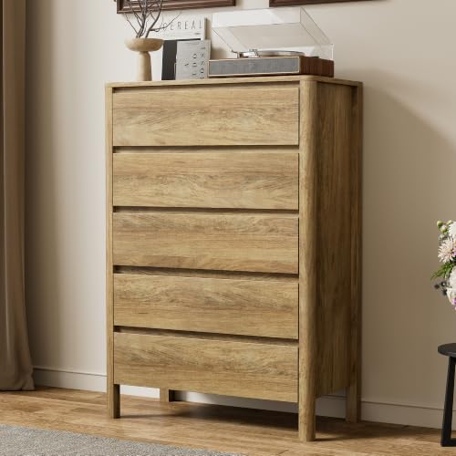 Image of Furniway 45 inch Tall 5 Drawer Wood Dresser for Bedroom with Legs, Natural Oak