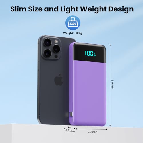 Image of Portable Charger Power Bank for iPhone with Built-in Cables and AC Wall Plug, 13800mAh Ultra Slim Travel Essentials,USB C Fast Charging External Battery Pack for iPhone 17 /16 /13,Galaxy,Android-Purple