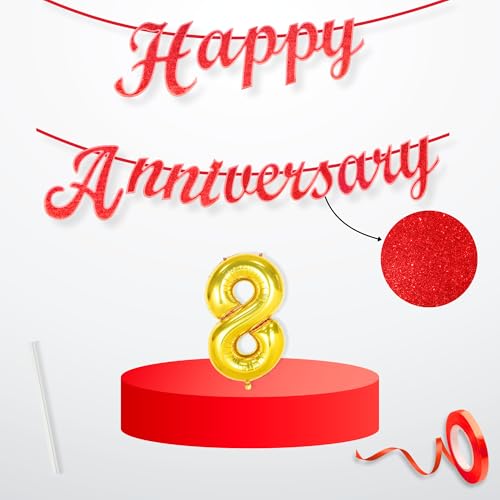 Image of Flyloons 8th Happy Anniversary Banner Red Decorations Kit for Men Women Wedding Anniversary Banner Items without Balloons