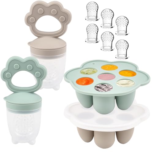 Image of Ginbear Silicone Baby Fruit Food Feeder & Freezer Tray (Set of 2), Infant Teething Feeder Pacifiers with Baby Popsicle Molds Combo 4 Months+ (Hazy Green/Almond)