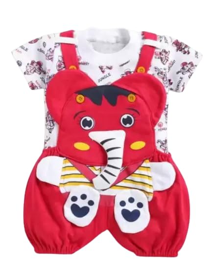 Image of Mommy Club Baby Boy's & Baby Girl's Jumbo The Elephant Dungaree For 0-6Months Baby || Dress Clothes For Baby Boy And Baby Girl (Red, 0-9 Months)