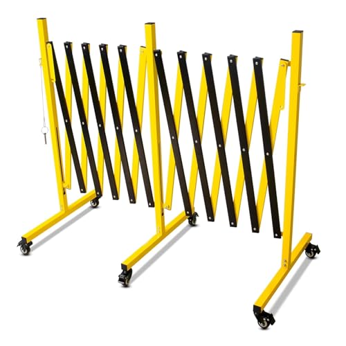 Bcade de metal retráctil de 17 pies, amarillo y negro, con ruedas, valla de control de tráfico expandible, puerta plegable para eventos, para multitudes, sitios de construcción y seguro para Ga
