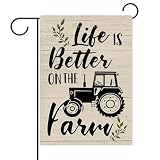 Dyrenson Life is Better on The Farm Decorative Garden Flag, Black Tractor Farmhouse Country Yard Outside Home Decoration, Rustic Leaves Burlap Outdoor Small Decor Double Sided 12 x 18