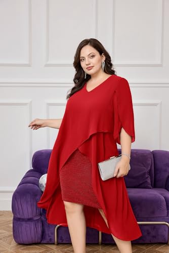 Image of Hanna Nikole Womens Plus Size Chiffon Cocktail Dress Ruffle 3 /4 Sleeve Wedding Guest Party Dresses with High Low Hem