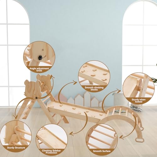 Image of Pikler Triangle Set for Toddlers 7in1 Foldable Climbing Toys for Kids ,Wooden Montessori Climb Set with Arch&Ramp&Ladder Baby Climbing Gym Toys 3+Years