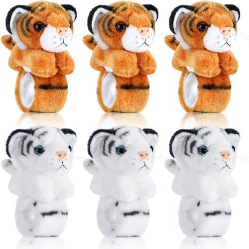 Sosation 6 Pcs Tiger Leopard Stuffed Animal Slap Bracelets for Kids Hug Slap Bracelet Bulk Tiger Leopard Stuffed Animal Plush Kids Toy for Halloween Birthday Gifts Party Favors(Tiger Style)