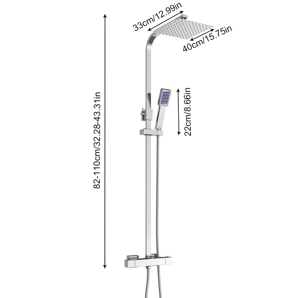 Termostat system prysznicowy 40 × 40 cm, głowica prysznicowa 360° ze słuchawką prysznicową, regulowana wysokość, z mosiądzu i stali nierdzewnej chromowana deszczownica