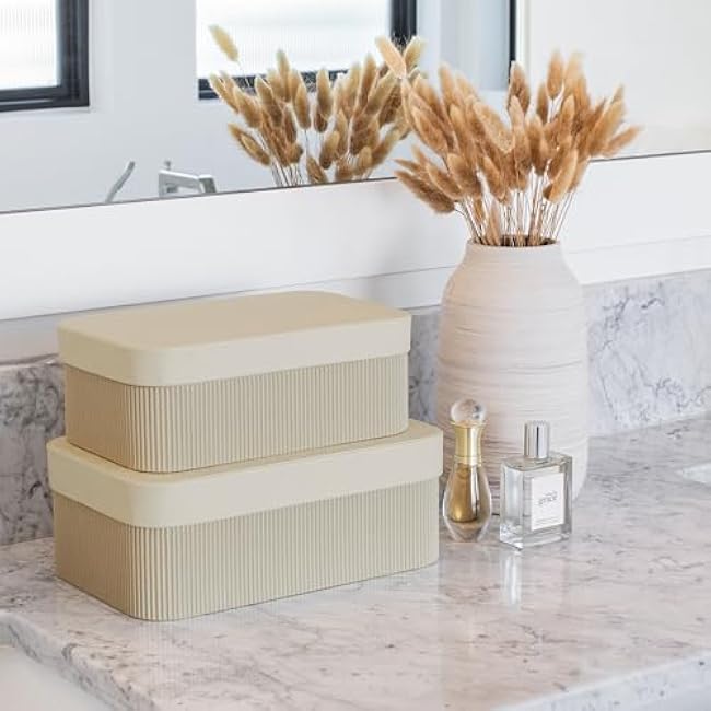 Decorative Storage Boxes with Lids ¨C Set of 2 Beautiful Fluted Cardboard Organizer Bins for Your Home Bookshelf Decor to Safely Store Your Documents, Memory Box Items and Other Keepsakes in Style