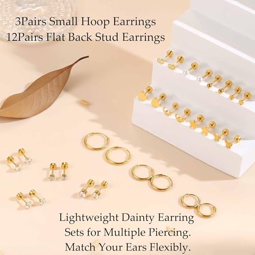 Florideco Small Hypoallergenic Flat Back Stud Earrings for Women Men 14K Gold Plated Surgical Stainless Steel Earrings Tiny Stud Earring Screw Back Cartilage Earring Set for Multiple Piercing 5