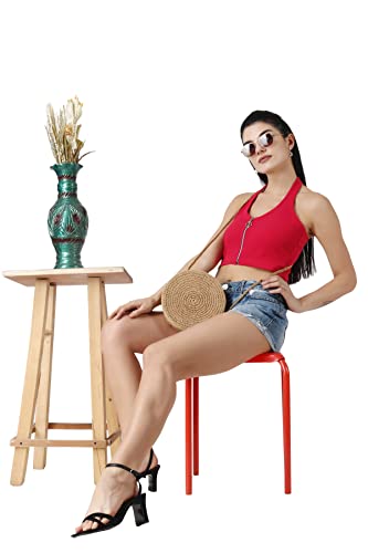 Image of POPWINGS Solid Casual Sleeveless Regular-Fit Crop Tops for Women with Front Chain| Crop Tops for Women Stylish Western Summer Wear