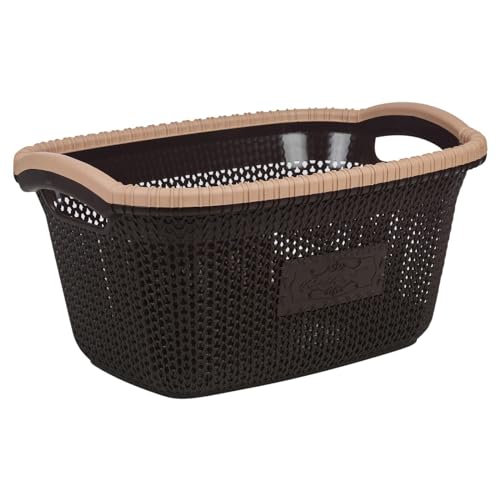 URBNLIVING Violetta Plastic Rattan Laundry Clothes Basket Storage Hamper with Handles (Brown, 30L)