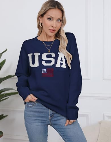 Image of Womens American Flag Sweater Crew Neck Casual Pullover Sweater