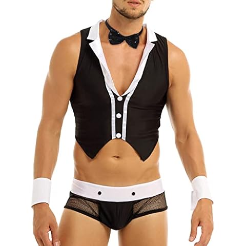 Jowowha Men's Costume Sexy Waiter Cosplay Uniform Set Maid Role Play Costumes Lingerie for Halloween Party Black&White One Size Cover