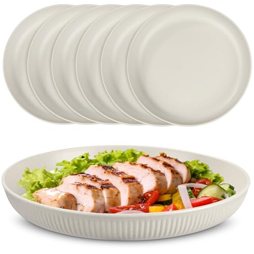 Esilihom 6Pcs Unbreakable Dinner Plates, 22.5cm Plastic Plate Camping Set, Reusable for Salads, Pasta, Parties, Home, Office, Microwave & Dishwasher, Beige