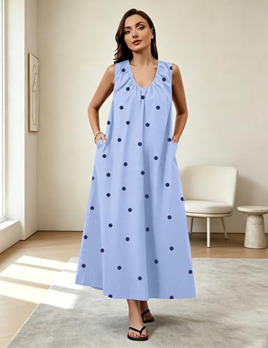Image of Women Flowy Maxi Dress Ruched Sleeveless Long Dress Vacation Fashion Summer Casual Loose Fit Sundress with Pockets