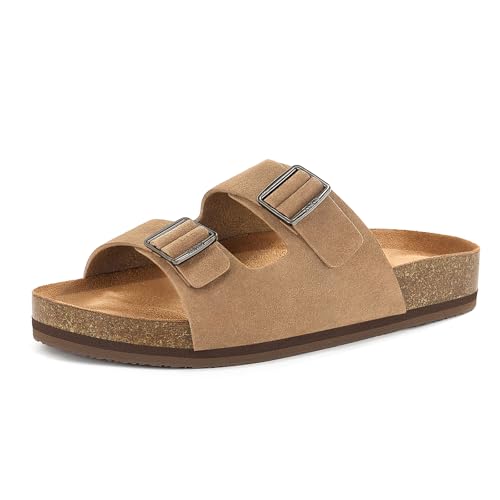 Image of ZURIN Genuine Leather Sandals for Women,Cork Footbed Slide Platform Sandals with Arch Support, Suede Double Buckle Slip On Slides for Summer Beach Walking Indoor Outdoor