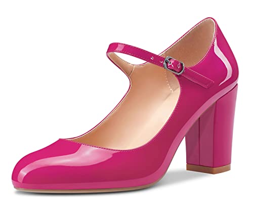 Castamere Women Mid Chunky Block Heel Round Toe Pumps Mary Jane Ankle Strap Office Party Dress Shoes 3.3 Inches Heels