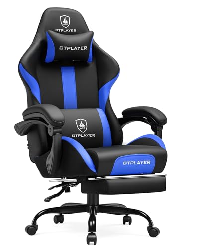 GTRACING Gaming Chair with Foot Rest & Pocket Spring Cushion, Ergonomic High Back Computer Chair with Headrest & 360°-Swivel Seat for Home Office Desk, PU Leather, Blue