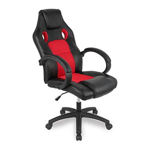 YIFAA Racing Chaise Moderne Confortable Ergonomique De Bureau en Similicuir PU Haute Dossier Siège Baquet Fauteuil Sport Gaming Pivotant pour Gamer Joueur Ordinateur (Noir + Rouge)