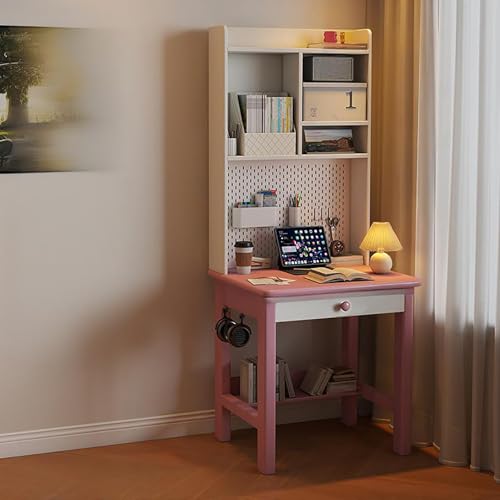 Solid Wood Desk with Storage Shelves, Narrow Workstation with Drawers and Pegboard, Multifunctional Computer Desk with Hooks for Bedroom Living Room Study Room Apartment(Width 27.6'(70cm), Pink)