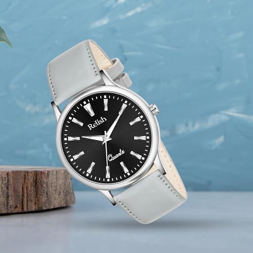 Image of Relish Watch for Men & Boys with Grey & Black PU Leather Strap, Quartz Analog Wrist Watch