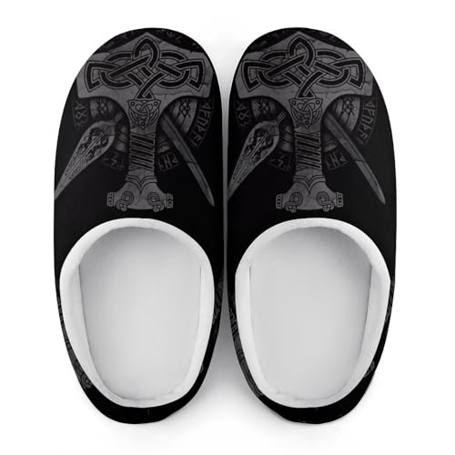 Nordic Individuality Interesting Thor's Hammer Pattern Flat Slippers, Men's Warm Furry Home Cotton Closed Toe Slippers, Classic Rubber Sole Slippers3