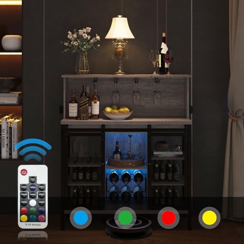 QNICE-Coffee-Wine-Bar-Cabinet-with-Sliding-Barn-Door-Farmhouse-Buffet-Cabinet-with-Wine-Rack-Glass-Holder-Led-Storage-Cabinet-for-Kitchen-Living-Dining-RoomDark-Rustic-Oak QNICE Coffee Wine Bar Cabinet with Sliding Barn Door Farmhouse Buffet Cabinet with Wine Rack Glass Holder Led Storage Cabinet for Kitchen Living Dining RoomDark Rustic Oak