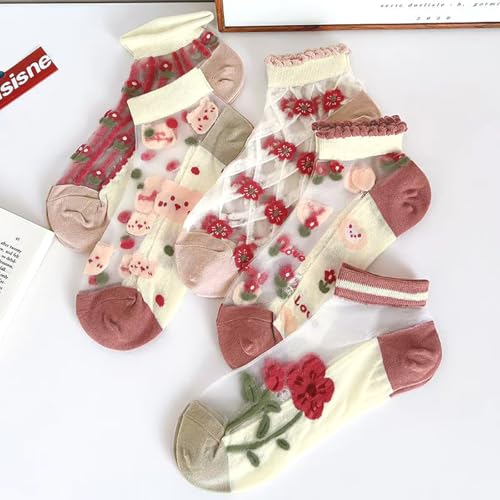 Image of Womens Girls Nylon Socks Sheer Summer Transparent Ankle Socks Mesh Thin Novelty Socks Red Flower, Floral-rosy