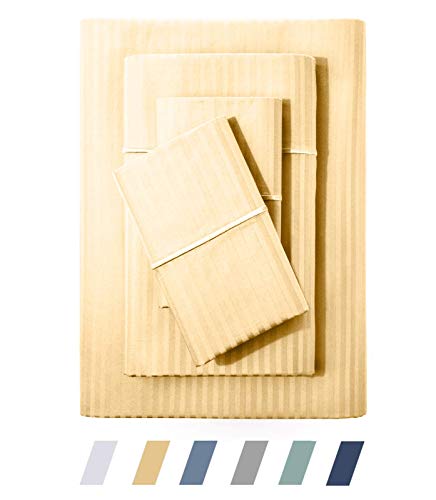Feather & Stitch 500 Thread Count Twin Size Cotton Sheets 3 Piece Damask Stripe Sheet Set 17 Inch Deep Pocket Sateen Weave Striped Sheets with 1 Pillowcase Luxury Bedding Semolina