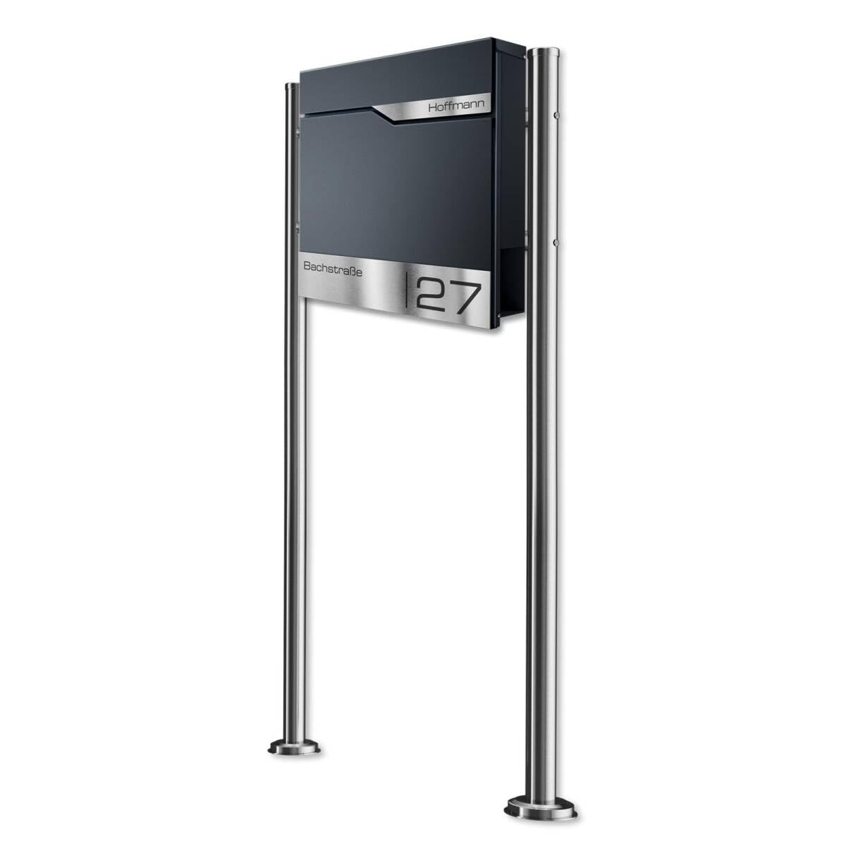 Metzler Boîte aux Lettres sur Pied Anthracite avec Compartiment journaux – Plaque Nominative INOX personnalisée – Design Moderne, Acier thermolaqué étanche et résistant | Siebert